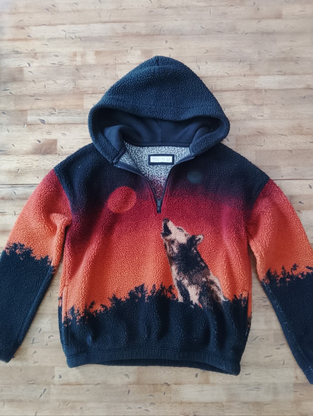 Boy's Abercrombie Hooded Sherpa Pullover Sweater - Orange & Black Wolf Graphic